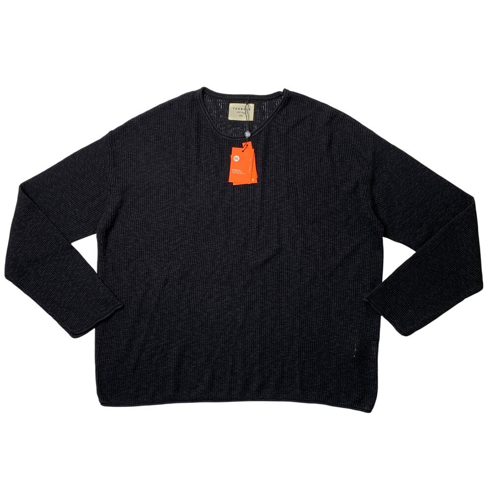 YoungLA Sweater Men XXL Black Linen Blend Loose Knit Lightweight Crew Neck Weave